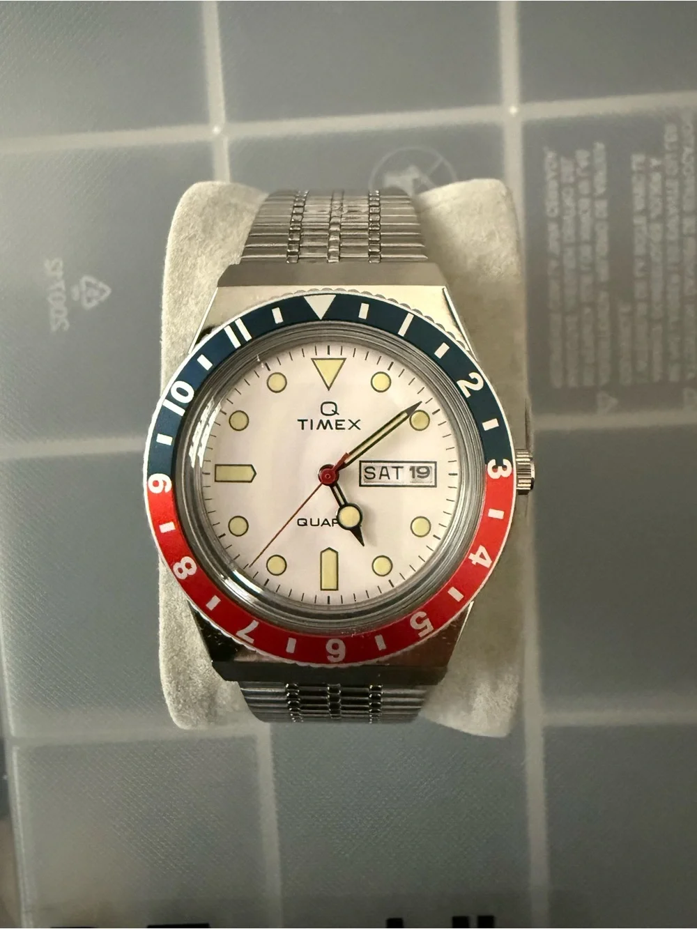Timex Q Re-issue White Dial Watch with Red & Blue Bezel
